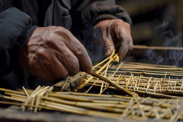 Closeup of hands weaving bamboo sticks together, traditional craft technique. Ai generated