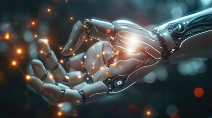 The hand of a human and robot touching each other with digital connection lines on a dark background, concept for future technology or business teamwork in the style of AI. Generative AI.