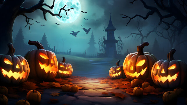 Halloween party skeletons with wooden banner in spooky nights.halloween background with pumpkin and bats