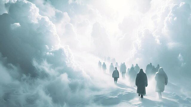 people walking to the light in heaven. Standing in a row waiting to go to heaven in white clouds. Christian prayers are in queue praying to the Jesus. Believe in God 4k video