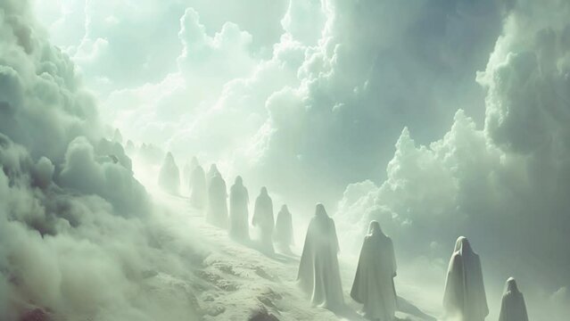 people walking to the light in heaven. Standing in a row waiting to go to heaven in white clouds. Christian prayers are in queue praying to the Jesus. Believe in God 4k video