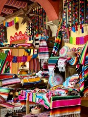 picturesque Mexican market, colourful plates, mexican art