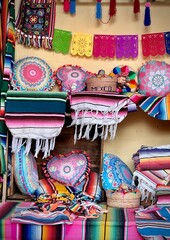 picturesque Mexican market, colourful plates, mexican art