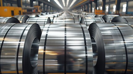 Stainless steel coil at factory. rolls of stainless steel sheet. Generative AI. - obrazy, fototapety, plakaty