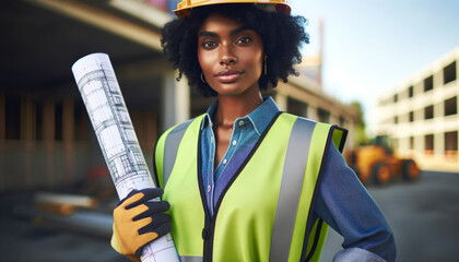 Upper body shot of a confident African American female construction worker in safety gear, with a blueprint rolled up in one hand and a hard hat in the other - obrazy, fototapety, plakaty
