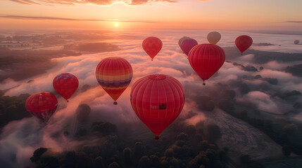 Naklejka premium A tranquil assembly of red hot air balloons floating gracefully above a mist-covered landscape at dawn