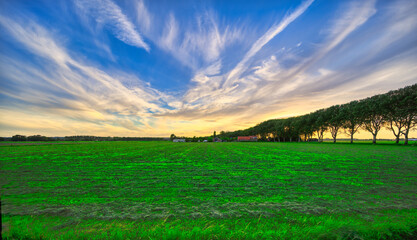 Thin clouds floating over the meadows of rural Holland at sunset.