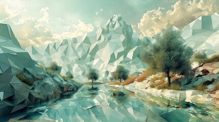Polyhedral Crystal Mountain Range by a Reflective River under a Cloudy Sky. - obrazy, fototapety, plakaty