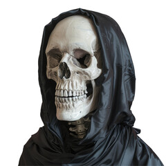 Skeleton with a skulldecorated hood in dark attire, a bone chilling character