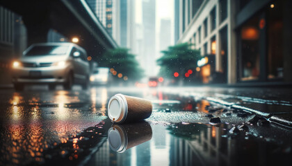 Macro shot of a discarded plastic coffee cup on a rainy pavement, blurred urban setting