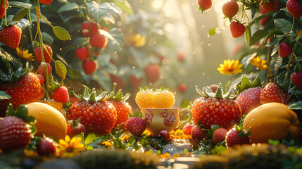 Sunlit enchanted forest scene with dew-kissed berries and a whimsical tea cup amidst lush foliage