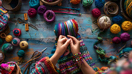 Unravel the art of knitting: An interactive step-by-step knitting tutorial with vibrant colored yarns and essential accessories - obrazy, fototapety, plakaty