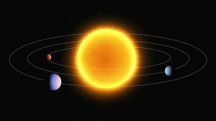 Extrasolar planetary system. Three exoplanets near a star. Orbits of alien planets around the sun.