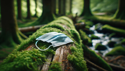 Discarded face mask on moss-covered log in a forest, blurred greenery in the distance