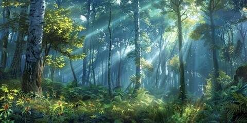 Obraz premium Nature's embrace: A tranquil forest bathed in golden sunlight, casting a magical glow through the verdant leaves