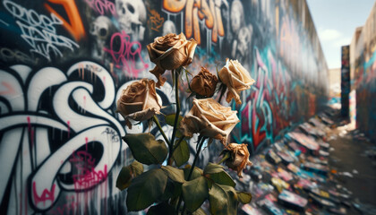 Close-up of wilted roses against a graffiti-covered wall, stark urban background