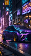 Hatchback Car in a neon lit street created with Generative AI