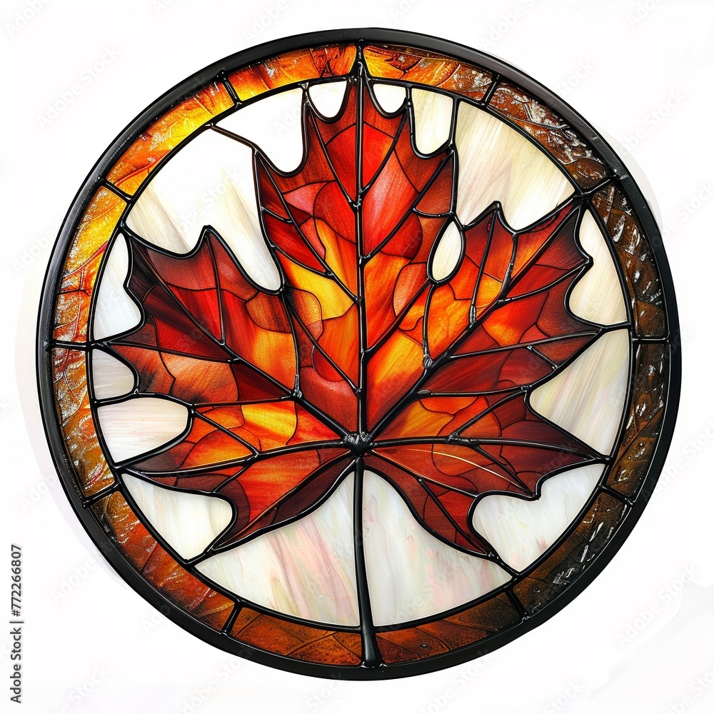 Poster maple leaf realistic stained glass art print, realistic usage of light and color, sharp and bold cle