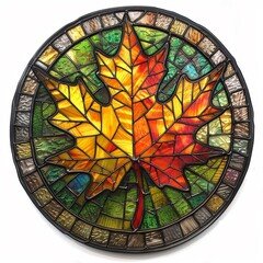 Maple Leaf realistic stained glass art print, realistic usage of light and color, sharp and bold clear edge, all details in the circular shapes