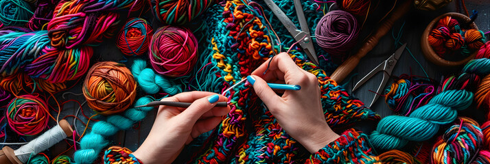 Unravel the art of knitting: An interactive step-by-step knitting tutorial with vibrant colored yarns and essential accessories - obrazy, fototapety, plakaty