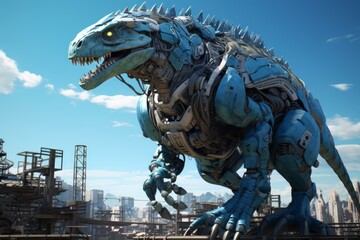 Metallic Robotic dinosaur urban street. Tourism street famous modern landmark. Generate Ai