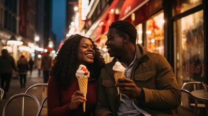 A happy smiling African American couple in the city center eats ice cream on a date at a street restaurant in the evening.