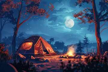 graphic illustration of a tent camping around a bonfire. - obrazy, fototapety, plakaty
