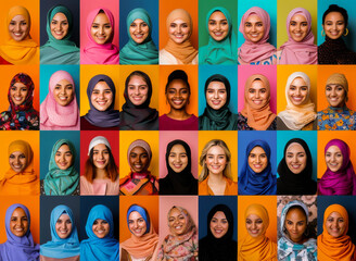 A collage of diverse smiling women in colorful headscarves presenting beauty and cultural empowerment.