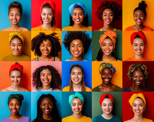 A vibrant collection of diverse women's smiling portraits, showcasing colorful headscarves and joyful expressions.