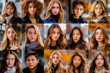 Obraz premium A collection of diverse young people posing for candid portraits with natural expressions and urban style.