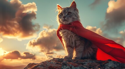 A fluffy hero: Super-kitty with a red cape against a serene pastel sky, inspiring adventure - obrazy, fototapety, plakaty