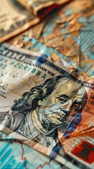 Obraz premium Detailed shot of crumpled currency against a backdrop of recession graphs, a narrative of financial failure