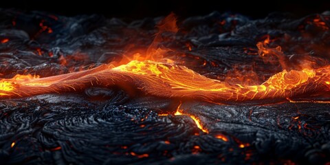 Fiery veins of Earth: Close-up of molten lava flowing, its glow piercing through the night