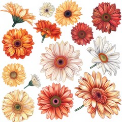 Clip art illustration with various types of gerbera on a white background.	