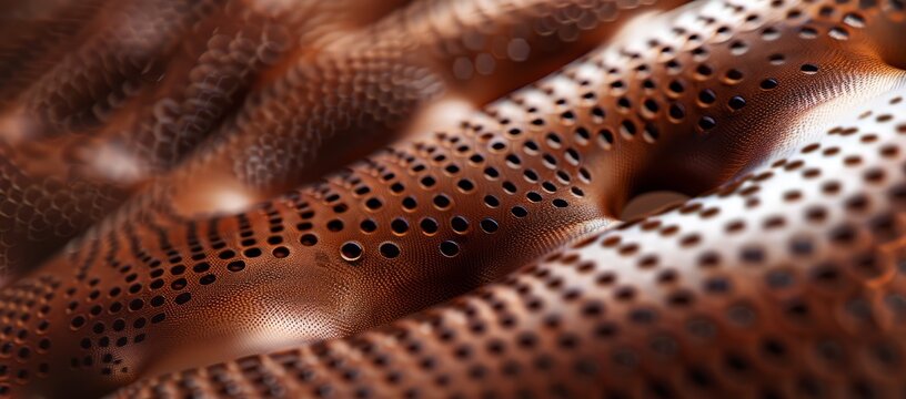 Electric brown leather with perforated holes creating a textured pattern. The leather has a glossy finish resembling metal, with a hint of darkness and moisture
