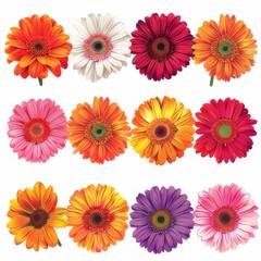 Clip art illustration with various types of gerbera on a white background.	