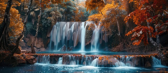 A panoramic view of the Hulantang Waterfall in Khaohai Mountain, Thailand with its cascading water and colorful foliage, showcasing breathtaking beauty