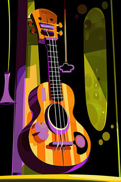 retro modern cartoon depicting a ukulele, black background, lime green, purple, gold colors, illustration made with generative AI