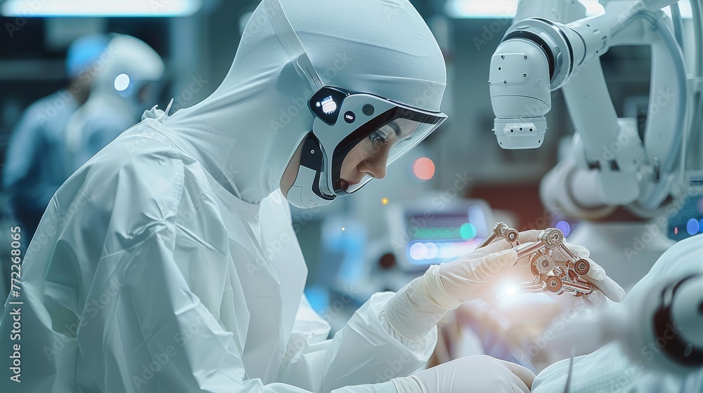Poster Doctor and AI robotic arm assistant helping to do the operation patient in operating room. Generative AI.