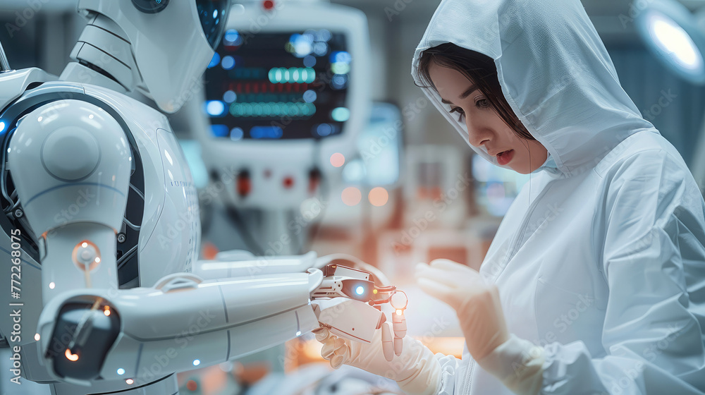 Fototapete Doctor and AI robotic arm assistant helping to do the operation patient in operating room. Generative AI.