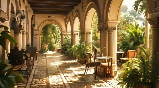 An elegant Spanish villa featuring arched doorways, decorative tiles, and a sunny patio, all captured with lifelike clarity through the lens of an HD camera.