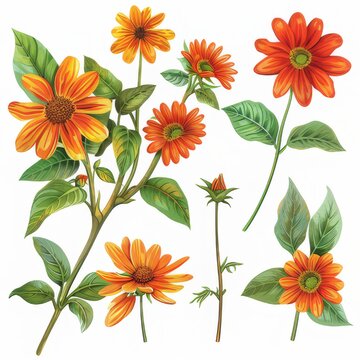 Clip art illustration with various types of Mexican Sunflower Weed on a white background.	