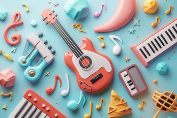 3D musical illustration doodle with light shade background. - obrazy, fototapety, plakaty
