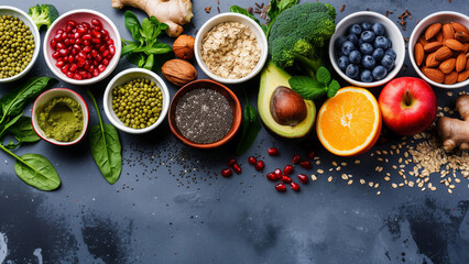 Healthy food clean eating selection: fruit, vegetable, seeds, superfood, cereals, leaf vegetable on gray  copy space
