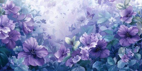 A beautiful painting of a field of purple flowers with butterflies