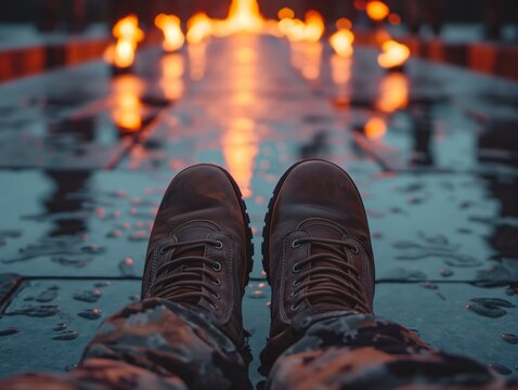 A person's feet are shown in a blurry image with a fire in the background. Concept of warmth and comfort, as the person's feet are resting on a stone surface