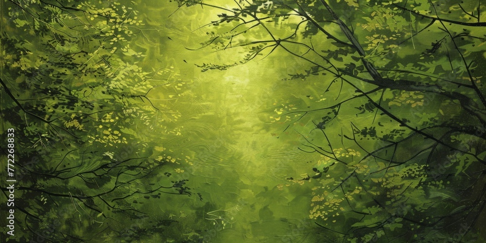 Poster sylvan oasis captured in a lush green forest, where a striking tree branch commands attention in the