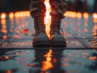 A pair of boots with a reflection of a fire in the water. The boots are on a wet surface, and the reflection of the fire adds a sense of warmth and coziness to the scene