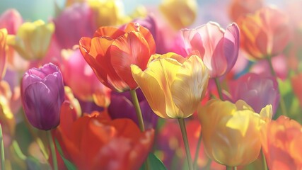 Colorful tulips are blooming in the garden. Floral background