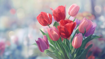 Bouquet of red tulips on a bokeh background. 3D rendering. Seasonal flowers.